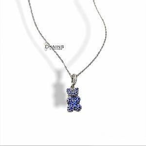 Gummy Bear Necklace 18k Silver Stainless steel Navy blue 5A Cubic Zircon 16 inch